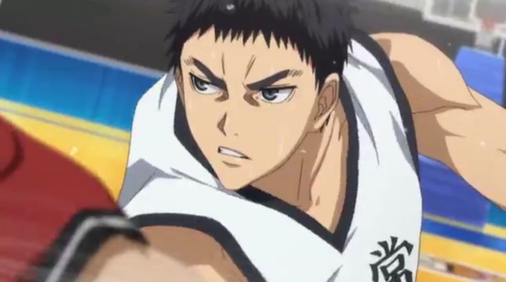 a closeup shot of a young male anime character wearing a white and black basketball uniform with a red headband. he has a focused expression on his face with determined eyes. he's sweating profusely and looking intensely ahead, likely during a game. the scene has a sporty, actionpacked feel with a strong focus on the character's determination and athleticism.