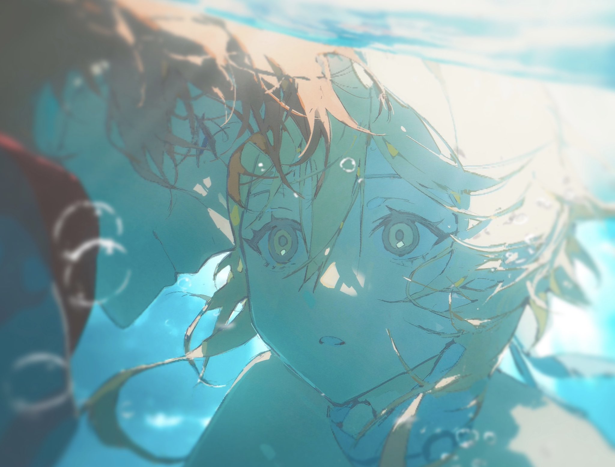 loseup view of an animestyle illustration depicting a young girl and boy embracing underwater.  the image is softfocused and dreamlike, with a predominantly teal and blue color palette. bubbles are visible in the water, and the light suggests a sunny day.  the characters' hair flows around them, partially obscuring their faces, adding to the ethereal quality of the artwork. the overall mood is serene and romantic.