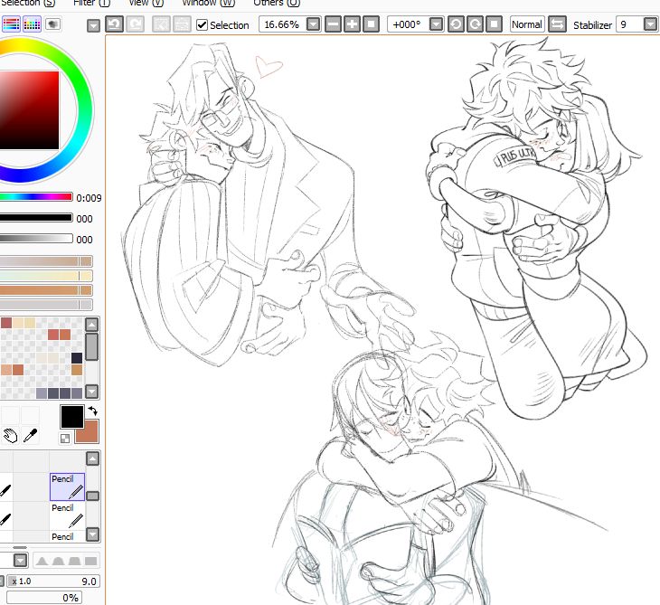 the image is a digital drawing of three couples hugging each other. the drawing is done in black and white, and the lines are loose and sketchy. the characters are drawn in an anime style. the background is white, and the drawing is done on a digital canvas. the drawing is in progress and the artist has highlighted the tools used in the drawing. the art is a digital painting of a cartoon drawing of a couple hugging.