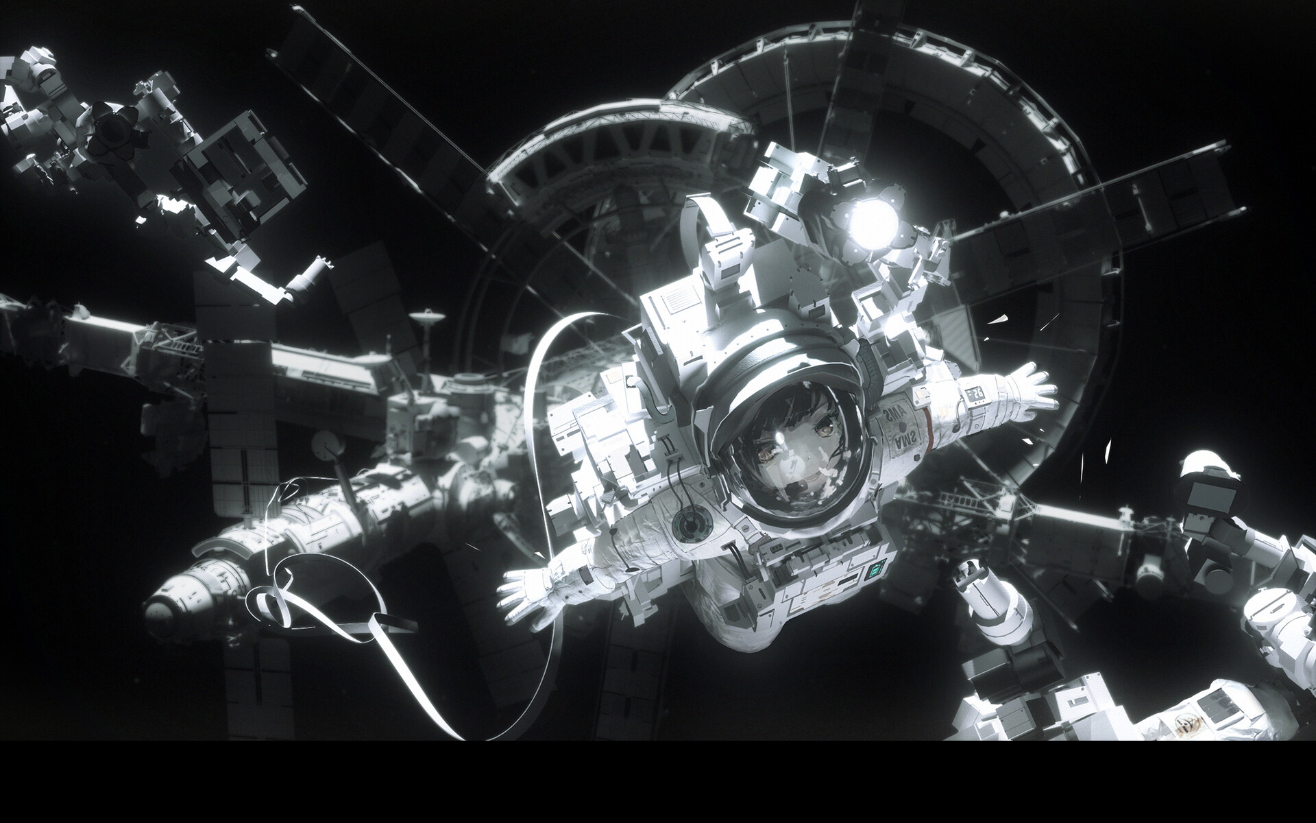 an astronaut, illuminated by a bright artificial light source, drifts amidst a chaotic scene of a destroyed space station.  debris and wreckage are scattered around them, some still tethered together, against a backdrop of the deep black void of space.