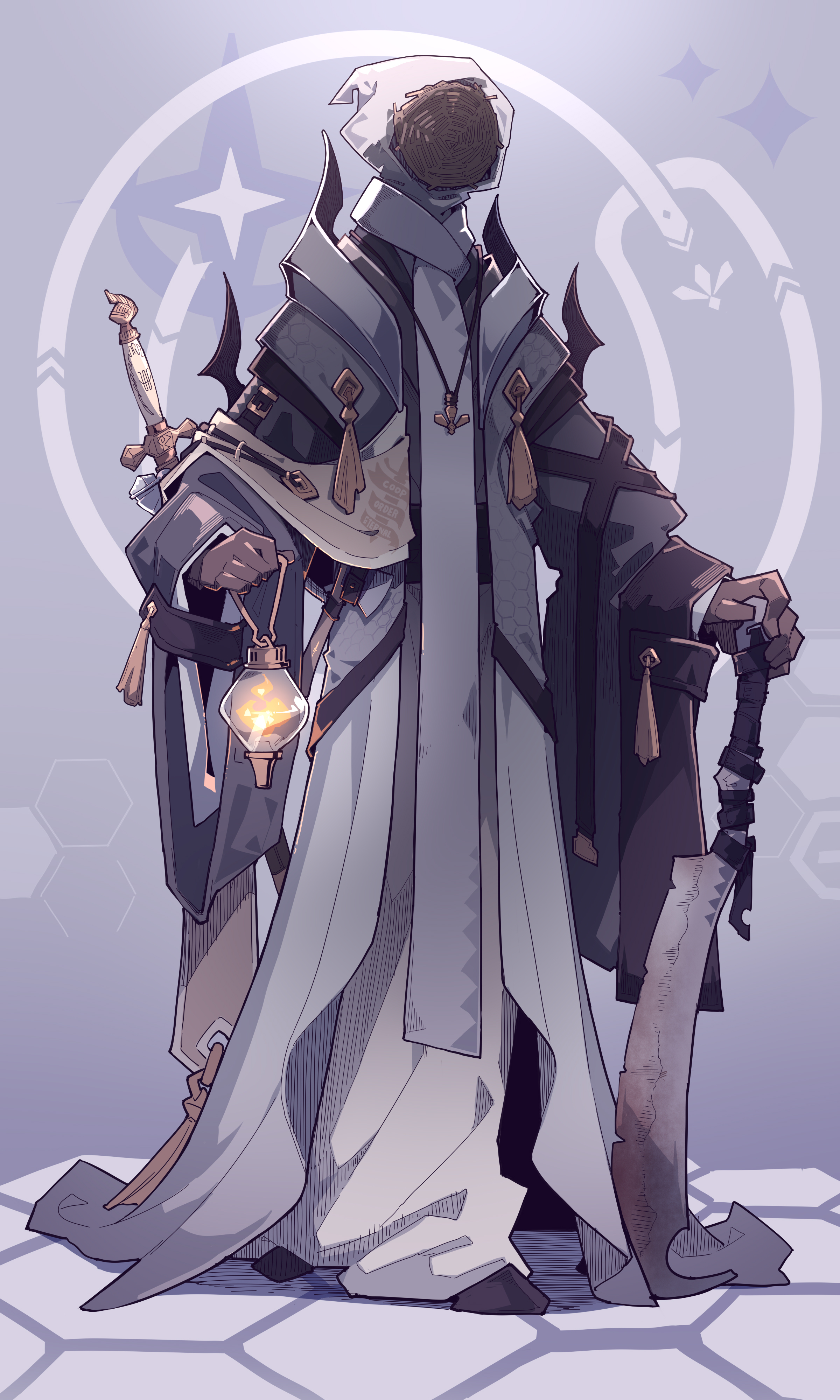 an illustration of a hooded character in robes holding a lantern in one hand and a staff in the other. the character appears to be a scifi or fantasy priest or cleric, possibly a monster or humanoid. the background includes a symbol and futuristic designs. the overall style is artistic and stylized.