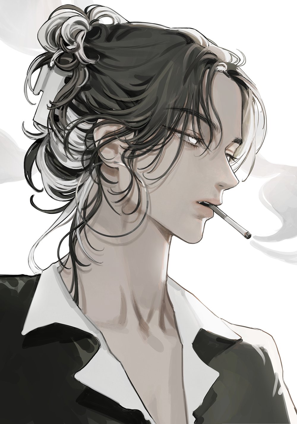 the image is a digital drawing or painting of a young, stylish animestyle man. he has a halfupdo hairstyle that blends gray and black hair, and he's wearing a dark suit with a crisp white collar. a cigarette hangs from his lips, adding a sense of brooding mystery.  the art style is realistic and detailed, with a focus on subtle shading and texture to create a sophisticated and moody atmosphere. the monochrome palette enhances the overall feeling of elegance and sophistication. the man's expression is somewhat stoic and thoughtful.