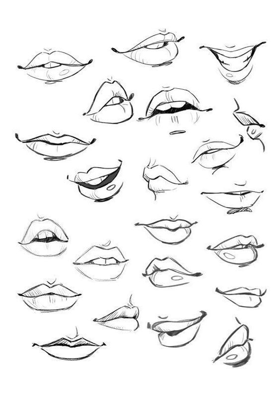 a digital drawing of 17  different variations of  female lips. each lip is drawn with a different shape and expression.  the lips are drawn in black and white and are outlined.  each lip is drawn with a simple line art style.