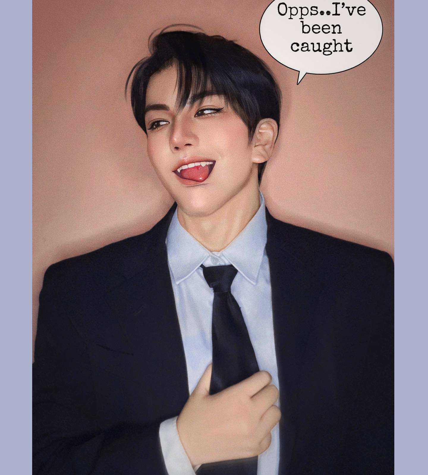 a man in a black suit and tie is smiling with his tongue sticking out while looking at the camera. he is posing casually and has a cheeky smile on his face. in the upper right corner, a thought bubble says "oops... i've been caught".