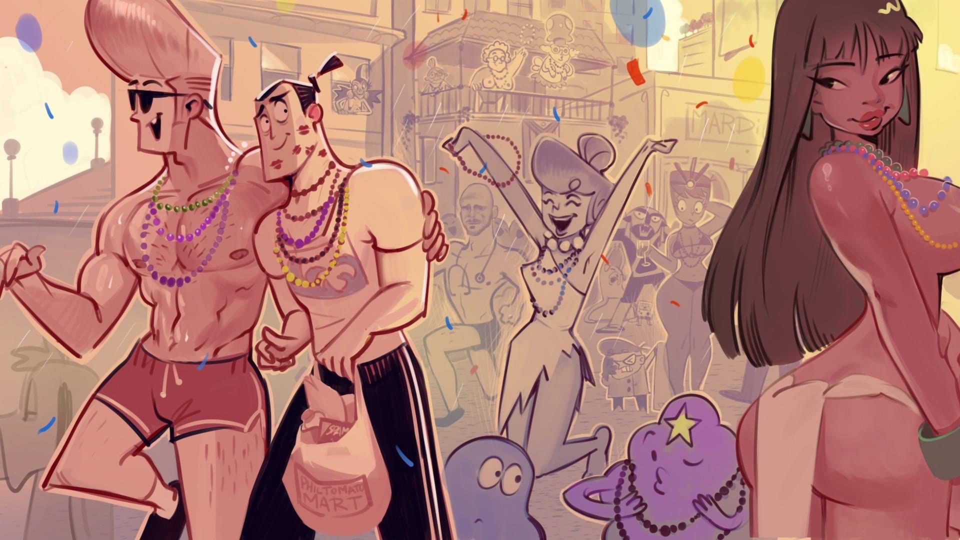 this is a digital art illustration of a cartoon parade. there are two men and a woman celebrating at the parade. the men are shirtless and wearing beads around their necks. the woman is wearing a beaded necklace and a colorful skirt. the scene is filled with bright colors and characters are happy and smiling.