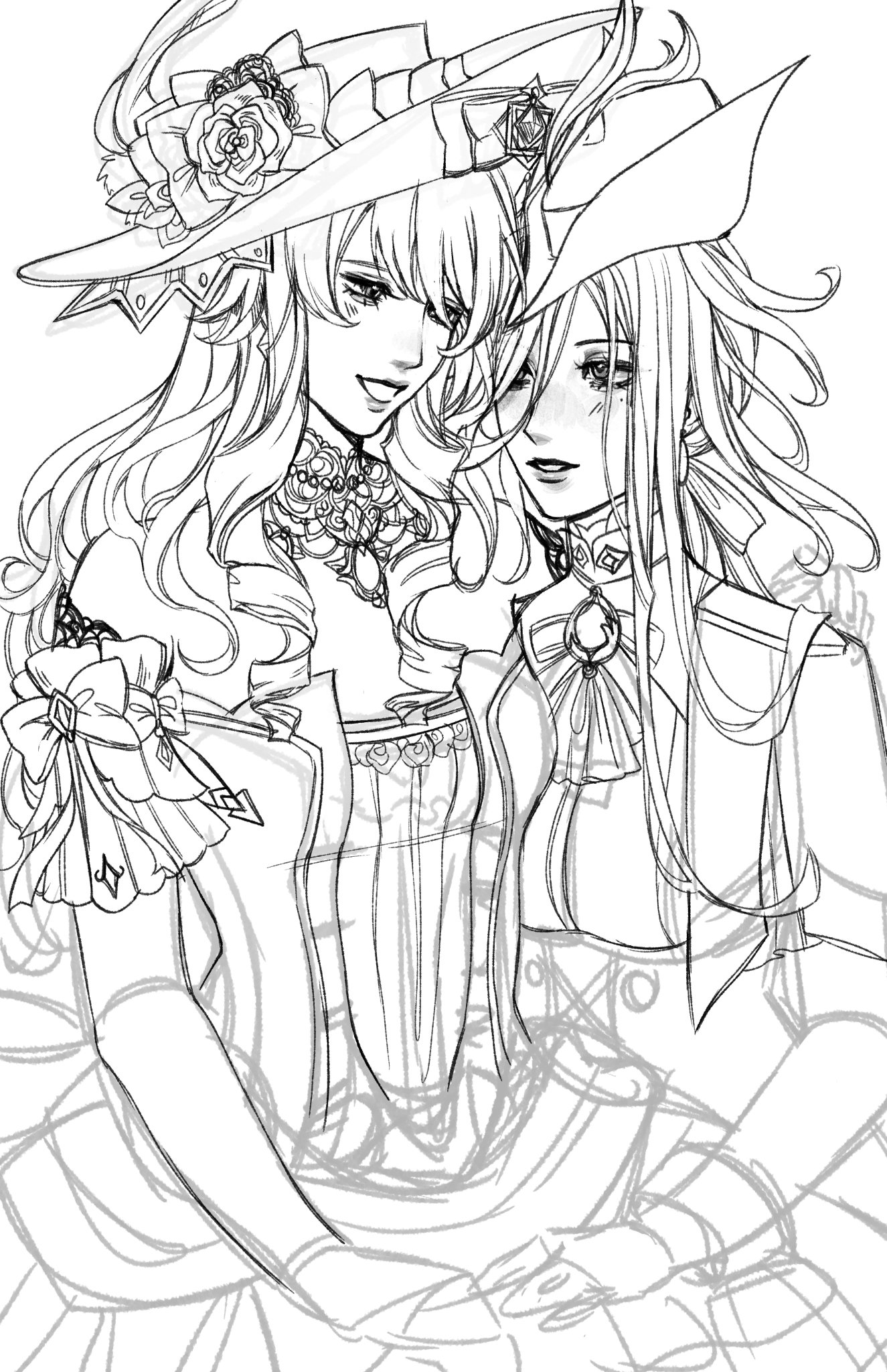 a black and white sketch of two women standing sidebyside, with one woman wearing a hat and the other with a white hat, both girls are dressed in elegant clothing. the woman on the left has her left arm around the woman on the right who has her arm around the left woman. the woman on the left is smiling while the one on the right has a more serious expression on her face. the image has a delicate, romantic feel, with flowing lines and detailed clothing.