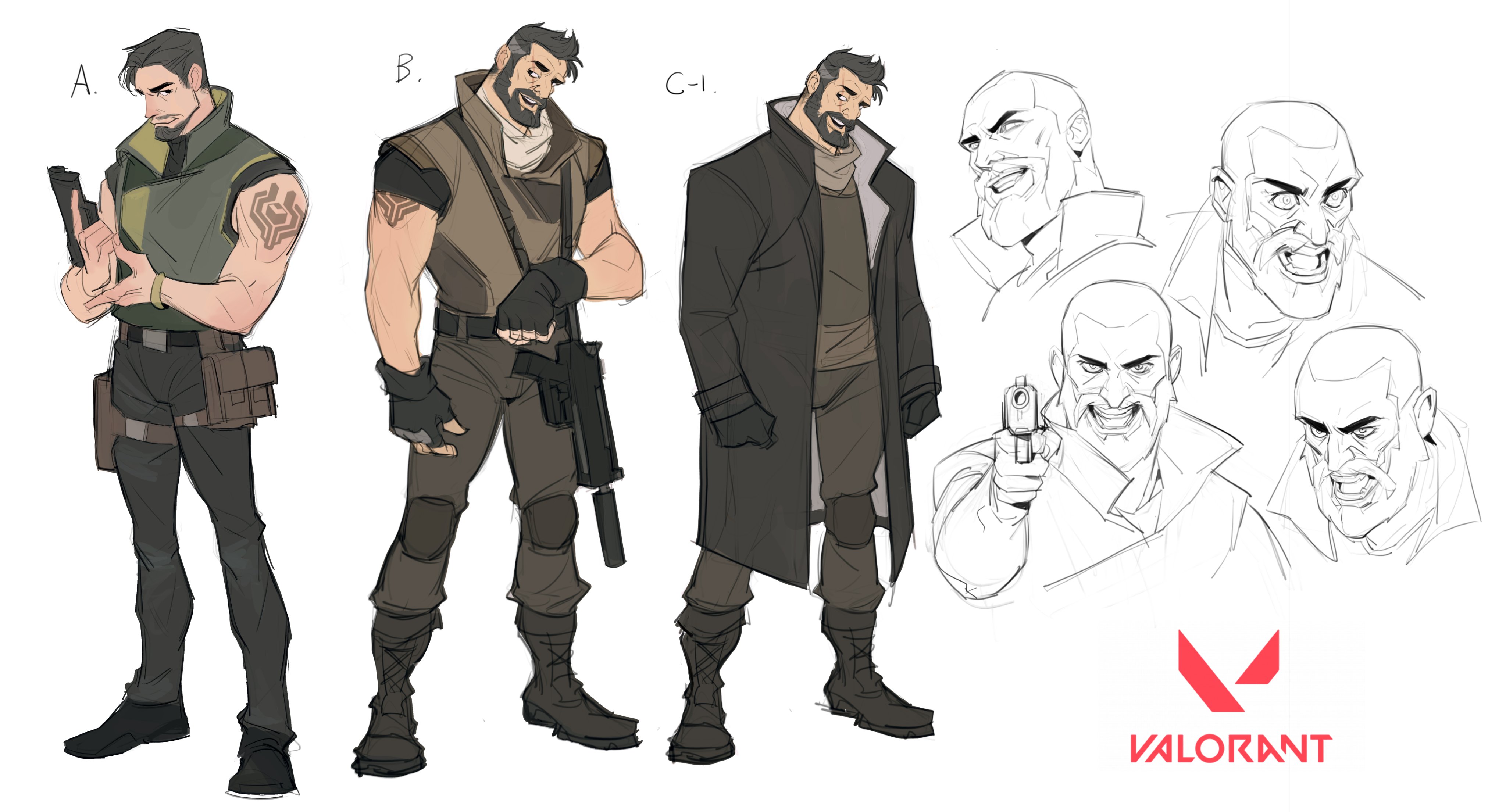 the image showcases concept art for a male character, likely for the video game valorant.  the art features several variations of the character's design, exploring different outfits and styles (labeled a, b, c1).  the outfits range from tactical gear to a more civilianlooking coat.  several closeup sketches of the character's head, displaying different facial expressions, are included alongside the fullbody illustrations.  the art style is clean and detailed, incorporating both digital painting and sketching techniques. the valorant logo is present at the bottom. the overall impression is of character development in progress, exploring different design options for a single character.
