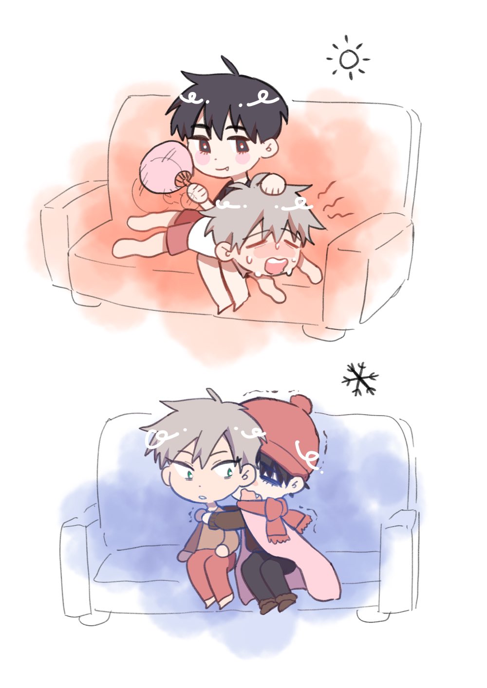 the image is a cartoon illustration of two friends. the top image shows the two friends on a couch in a warm room during the summer. one friend is holding a fan and fanning the other friend. the bottom image shows the friends on a couch in a cold room during the winter. one friend is wrapped in a blanket and hugging the other friend. both images have a lighthearted and humorous feel to them.