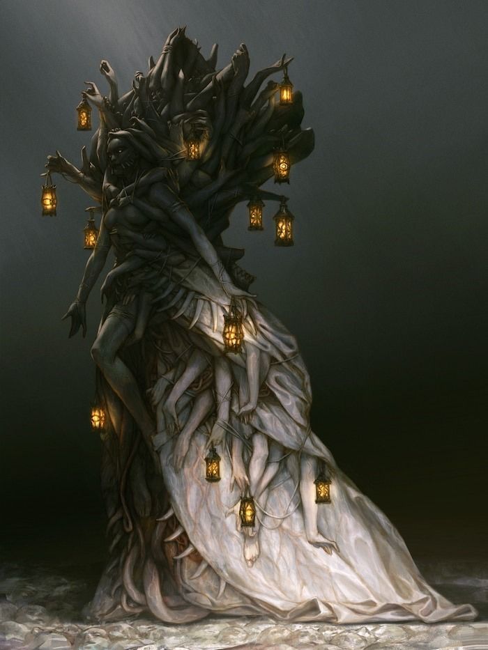 a dark and surreal sculpture of a female figure with multiple hands, holding lanterns. the figure is wrapped in a white cloth, which gives it a ghostlike appearance. the lanterns are lit, casting a warm glow on the figure. the sculpture is set against a dark background. this image is creepy, spooky and haunting, and is likely to appeal to fans of horror and dark fantasy. it is a powerful and evocative piece of art, and it leaves a lasting impression on the viewer.
