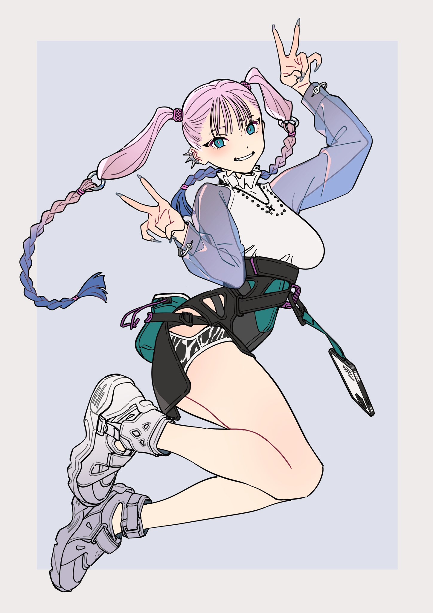 he image is a digital illustration of an anime girl with long pink braids. she is wearing a stylish outfit that combines sporty and fashionable elements, including a harness, a short top, and sandals. the girl is depicted in a dynamic jump, her pose full of energy and playfulness. the art style is colorful and trendy, with a focus on bright colors and bold lines. the overall mood is cheerful and energetic.