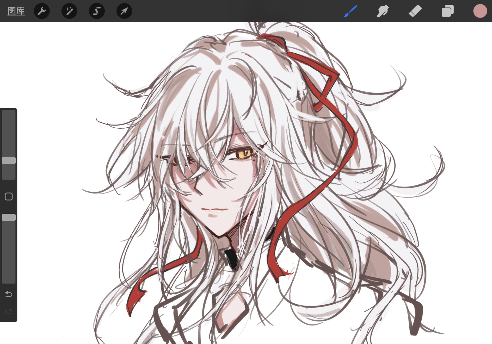 a digital drawing of an anime girl with long white hair tied back with a red ribbon. the girl is looking forward and smiling softly. the drawing is done in a sketch style with thin lines and soft colors. the girl's eyes are a bright yellow and her skin is a pale pink. the overall style is elegant and graceful.