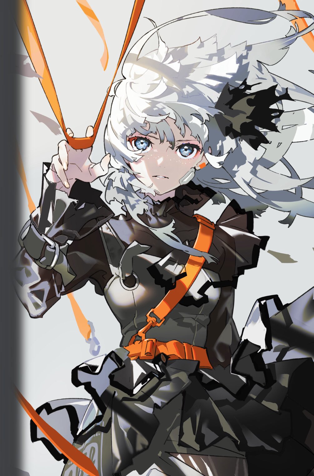 the image showcases a striking illustration of a young woman, likely an anime or manga character, depicted in a dynamic pose. her attire is a study in contrasts, featuring a predominantly black ensemble with vibrant orange straps and accents.  her long, white hair flows dramatically, further emphasizing the sense of movement.  the art style is modern and expressive, utilizing a blend of sharp lines and softer shading to create depth and visual interest.