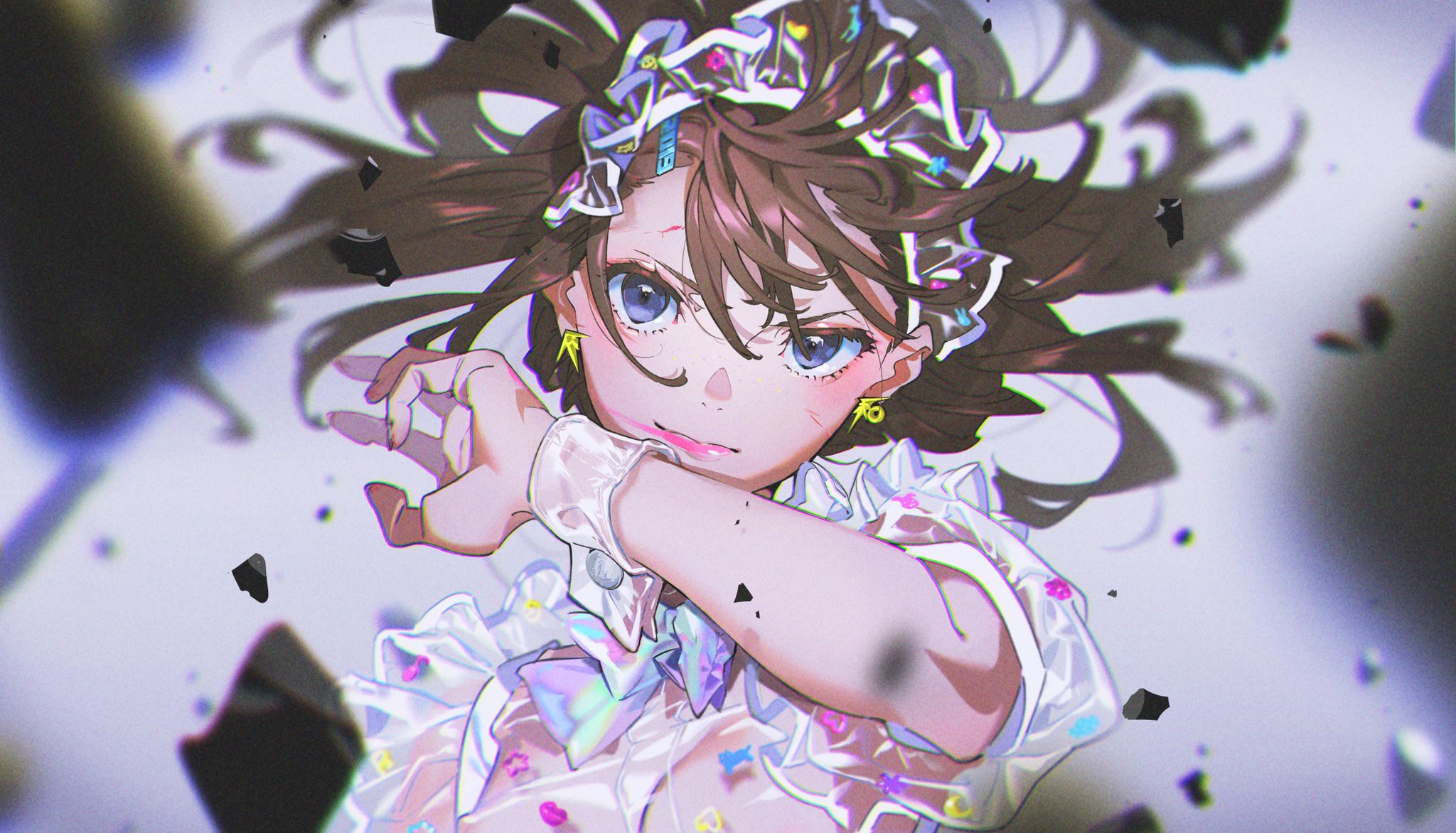 the image features a dynamic illustration of an anime girl with long, flowing brown hair adorned with colorful butterfly clips. she sports a determined expression and a stylish, somewhat translucent outfit with ruffles and a large bow.  she's captured in midmotion, arm raised as if deflecting something, against a backdrop of shattered, fragmented shapes, suggesting action and intensity. the color palette is a mix of soft pastels and darker, cooler tones, adding to the overall mood of edgy femininity.