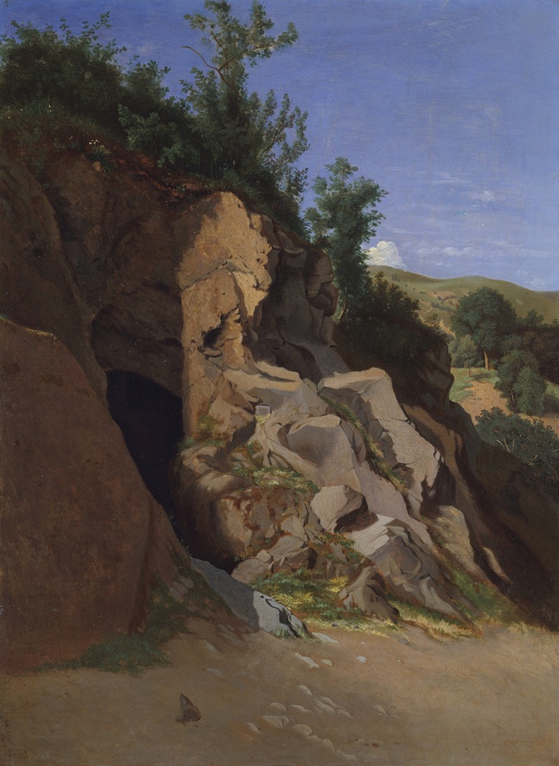 the painting shows a cave entrance surrounded by rocks, trees, and a hilly landscape under a blue sky during daylight.