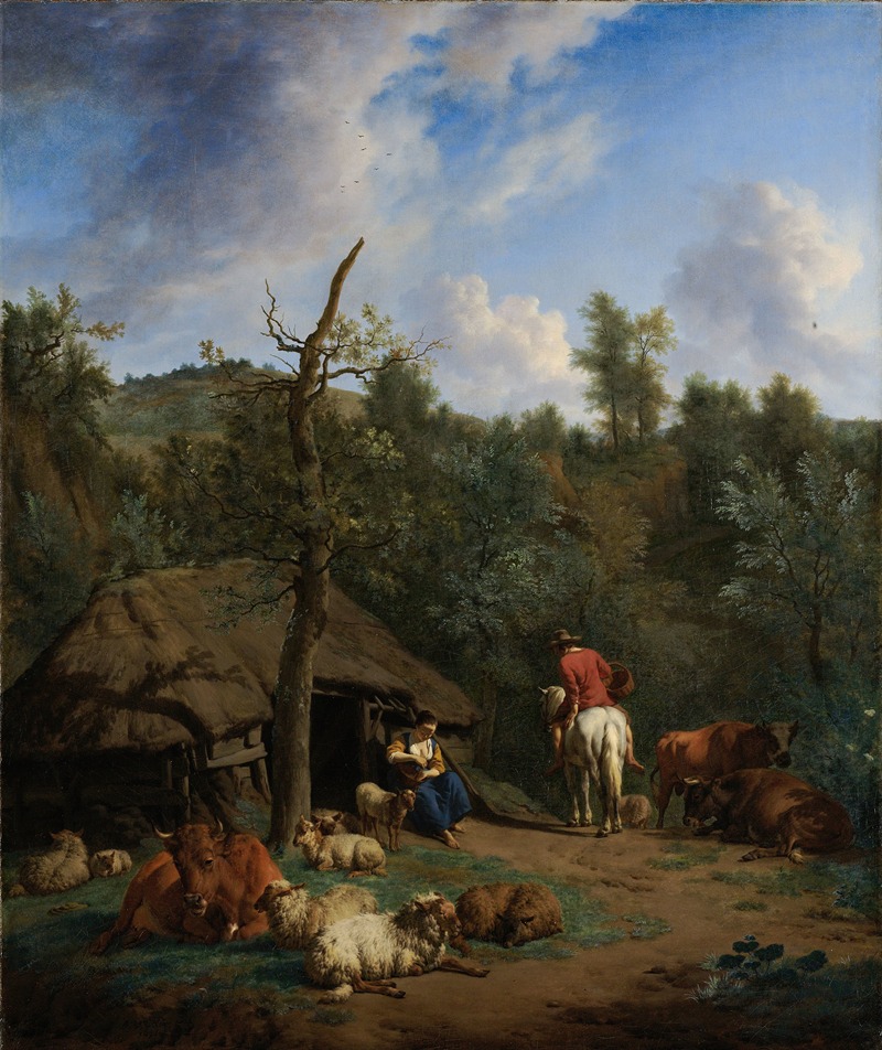 an oil painting depicts a pastoral scene. in the foreground, a small cottage with a thatched roof stands next to a bare tree. a woman sits near the doorway, holding a child, surrounded by sheep and cows. a man on a white horse is positioned slightly further back, near a group of cows. the landscape includes trees, a hilly terrain, and a sky with clouds. the overall tone is rural and peaceful.