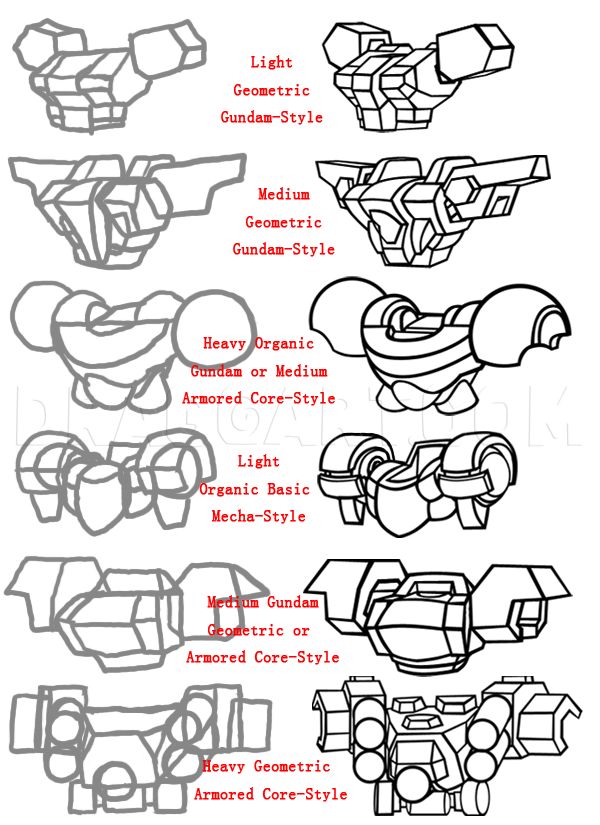 the image showcases different styles of robot or mecha design through six pairs of line art illustrations. each pair highlights the contrast between a more geometric "gundamstyle" and a more organic or "armored corestyle." the styles are further categorized by weight class: light, medium, and heavy. the designs emphasize the difference in armor plating, overall silhouette, and visual complexity between the styles.