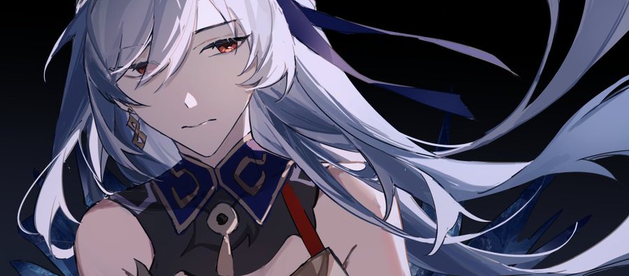 this is a digital illustration of a young woman with long white hair, blue eyes, and red eyes looking directly at the viewer. she is wearing a black outfit with a blue collar and a red undershirt. she has a blue ribbon in her hair. the background is black and shadowy.