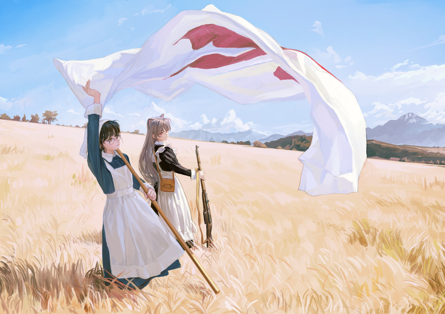 an animestyle illustration depicts two women in a field of wheat. one woman, wearing glasses and a blue maid's dress with a white apron, holds a wooden pole with a large white flag with red markings overhead. the second woman, with cat ears and a black and white maid's dress, carries a rifle. the background features mountains, a blue sky, and scattered clouds.