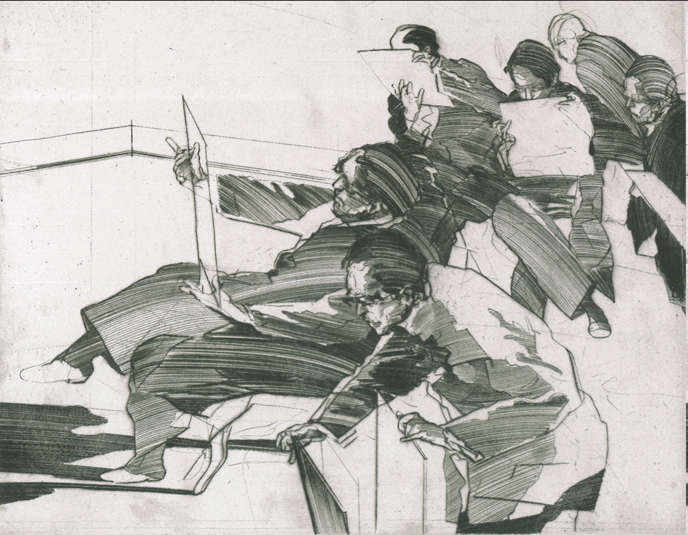 a black and white sketch of a group of men engaged in a lively discussion. they are seated in what appears to be an office setting, with papers and documents scattered around them. the perspective is from a low angle, creating a sense of dynamism and movement. the use of bold strokes and high contrast lighting adds to the energy of the scene.