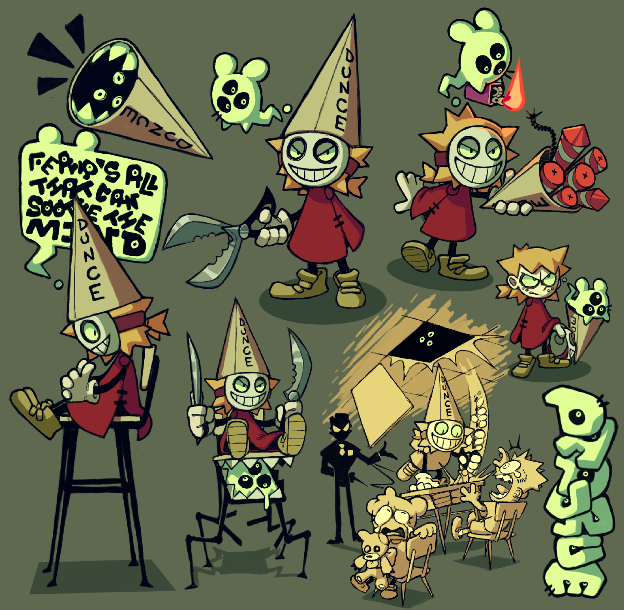 the image is a collection of doodles featuring a mischievouslooking character wearing a dunce cap. the character is shown in various poses and situations, including holding scissors, firecrackers, and even sitting on a spider web. the overall tone of the image is playful and humorous.