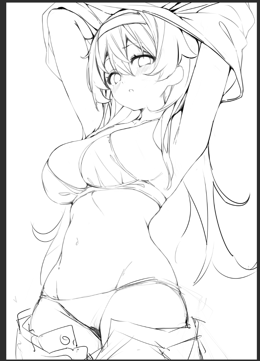 a sketch of an anime girl with her arms raised above her head, wearing a bikini top and underwear. she has a blushing expression on her face.