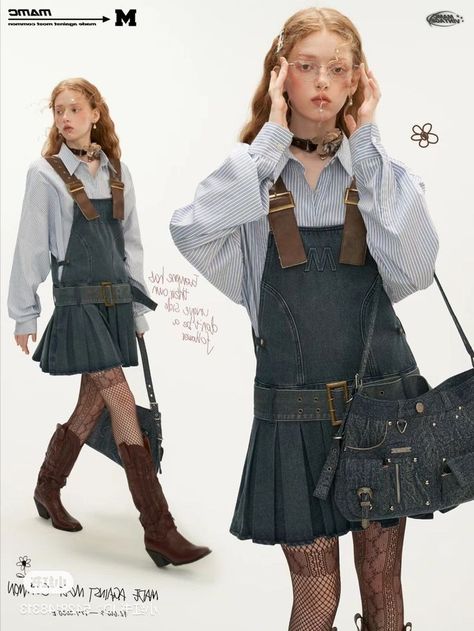 the image showcases a young woman with long reddishbrown hair styled in loose waves. she's wearing round, lighttinted glasses and a blue and white striped shirt layered under a dark denim jumper dress. the dress features a pleated skirt, a brown leatherlike trim with buckles, and a front pocket. she's also wearing black fishnet tights and brown cowboy boots. she's carrying a studded grey denim handbag with a long strap.  the model strikes a confident pose with one hand on her hip and the other adjusting her glasses. the background is white with some handwritten text and graphics adding a touch of visual interest. the overall image gives a trendy and youthful vibe.