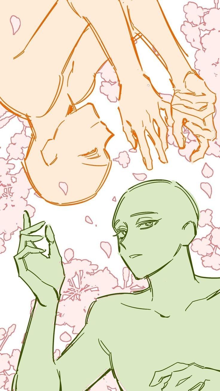 the image is a line art drawing of two animestyle figures against a background of scattered flower petals. the figure at the top is drawn upside down and in orange, reaching their hand towards the other figure. the figure at the bottom is drawn upright and in green, also reaching their hand up. the style is reminiscent of a sketch or base for a character drawing, with minimal detail to the figures' faces and bodies.