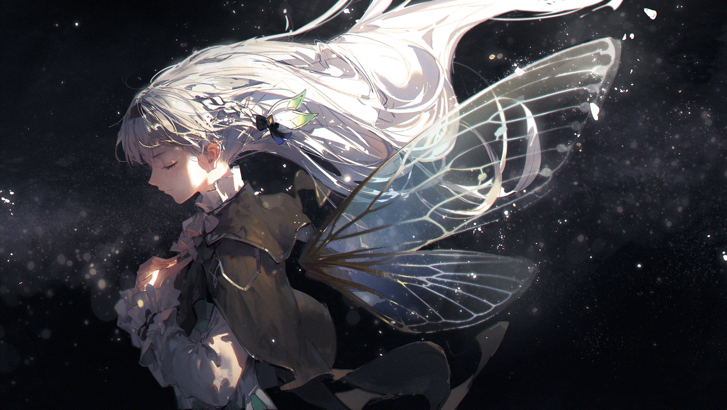 an animestyle illustration depicts a serene fairy girl with long, flowing white hair, adorned with a black bow and a small green leaf, and translucent wings. she is dressed in an ornate dress with ruffles and shoulder armor. the background is dark and filled with sparkling specks, creating an ethereal and fantasylike atmosphere. the girl is portrayed in a side view with her eyes closed, adding to the peaceful and dreamy quality of the image.