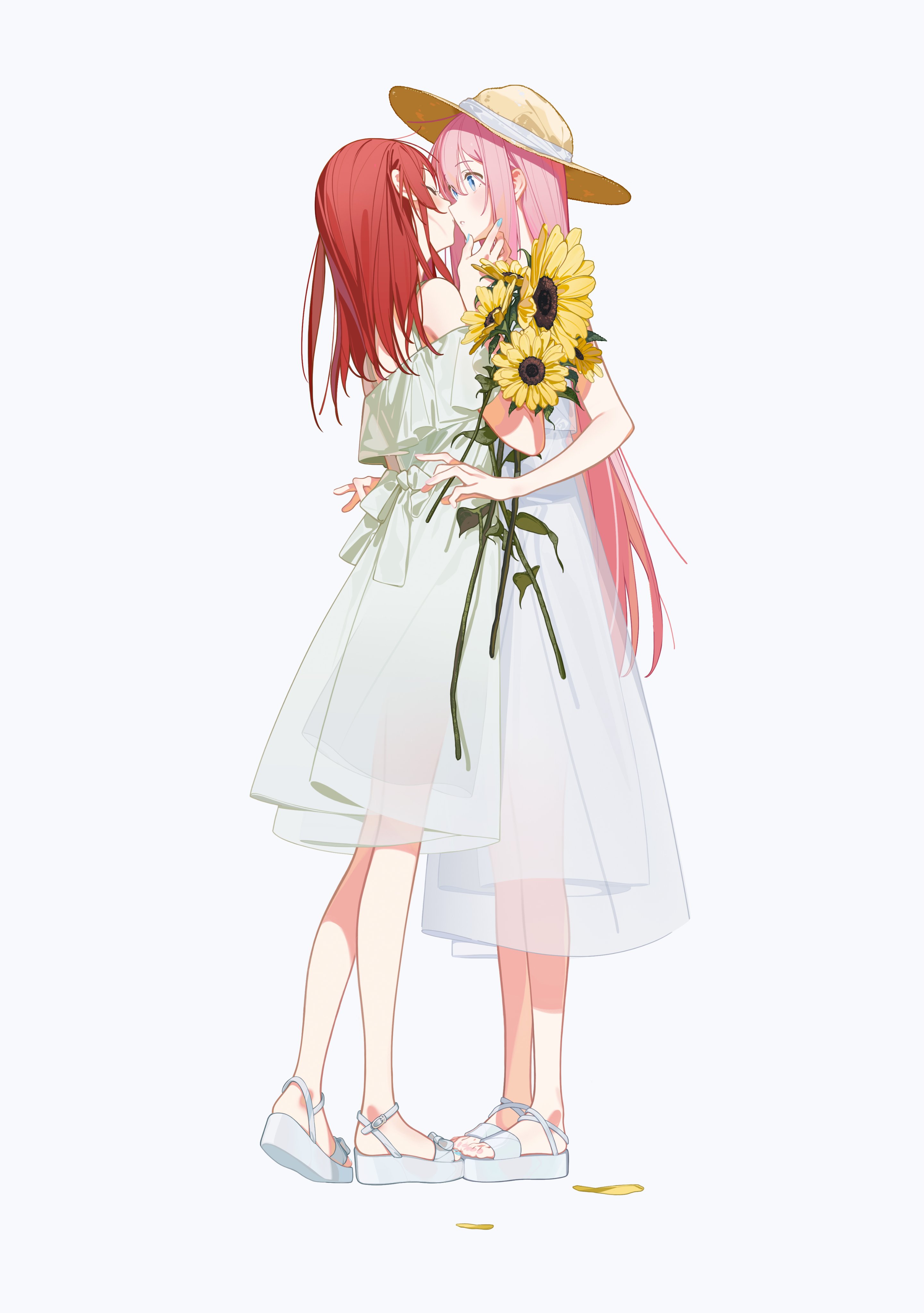 the image is an illustration of two anime girls in summer dresses kissing. one girl has long pink hair and is wearing a straw hat. the other girl has long red hair.  they are holding a bouquet of sunflowers. the style is cute and romantic. the girls are drawn in a soft, pastel color palette.