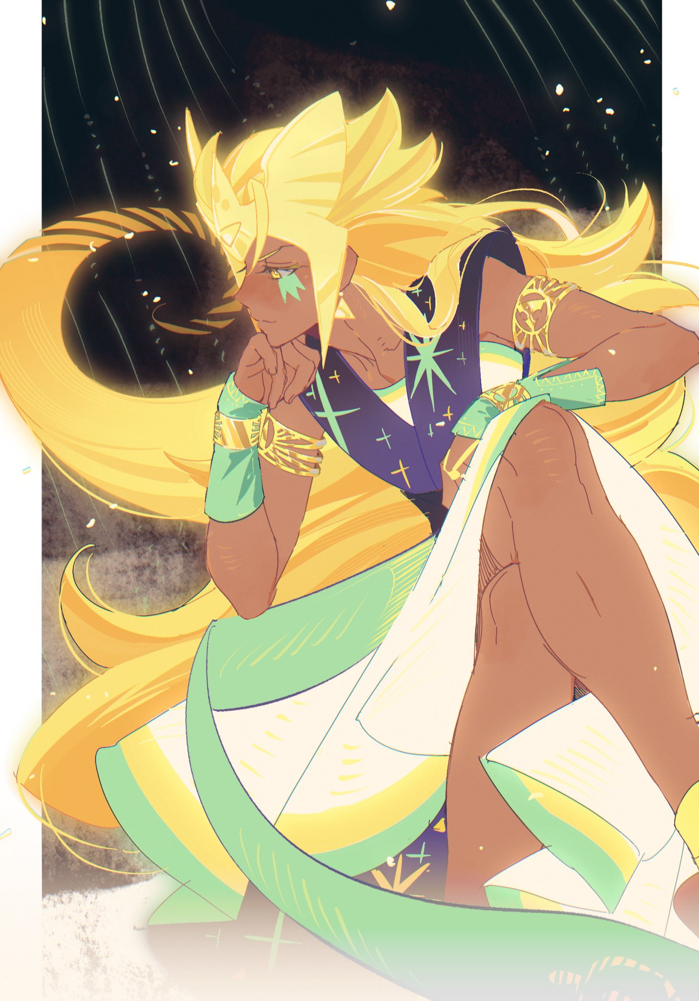 the image showcases a stylized drawing of a man with long, flowing golden hair. he's adorned in a white dress accented with green and gold, reminiscent of celestial attire. the background features swirling cosmic trails, suggesting a space or magical setting. the lighting is dramatic, highlighting the character against the dark background.