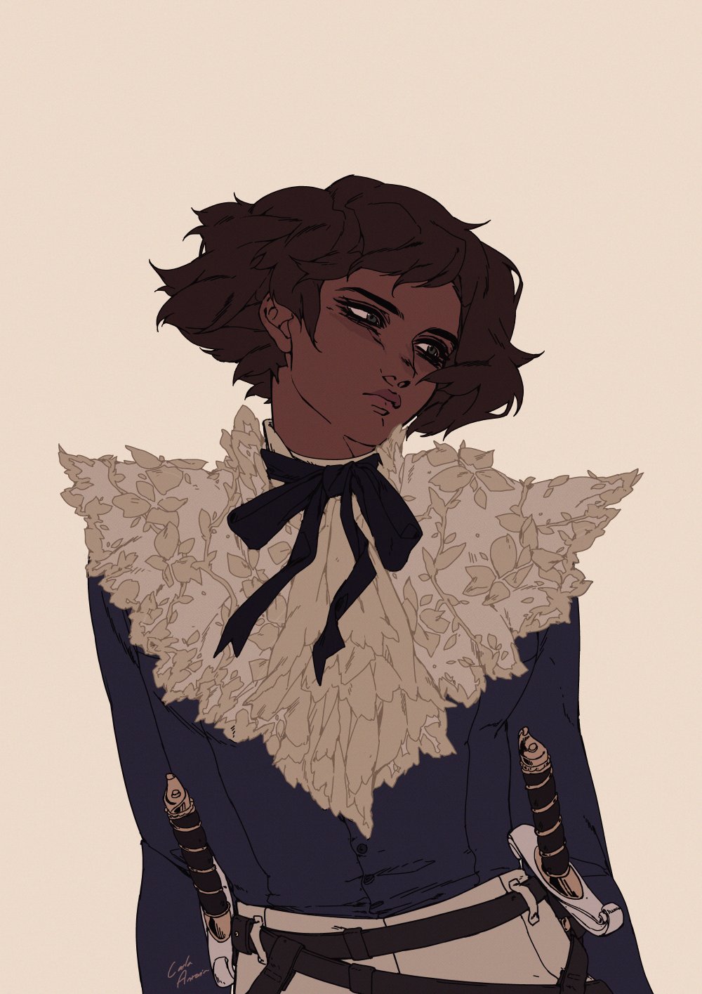 this is a digital art illustration of a young woman. she has short brown hair and is wearing a dark blue outfit with a large white lace collar, a black bow tie, and two swords strapped to her waist. she is looking away with a serious expression. the background is plain beige.