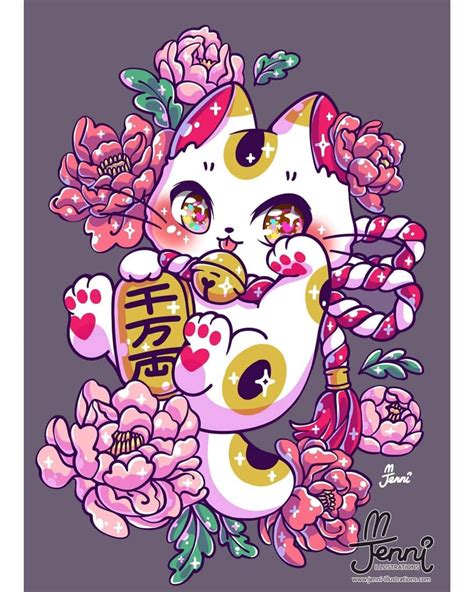 the image is a vibrant and stylized illustration of a manekineko (japanese beckoning cat).  the cat is depicted in a kawaii style, with large, expressive eyes, and a playful pose. it's holding a small gold coin and a charm that has japanese characters. the cat is surrounded by pink peonies and other stylized floral elements, which adds to the overall whimsical and charming feel. the color palette is predominantly pink, white, gold, and red, with sparkles adding a touch of glitter. the artist's signature is visible in the bottom right corner. the overall style suggests digital art and is suitable for various applications, including prints, greeting cards, or merchandise.