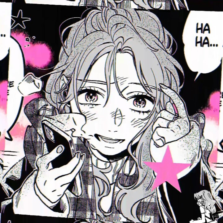 the image is a stylized illustration of an anime or mangastyle girl. she has long, wavy hair, and is depicted using a black and white color scheme with splashes of pink. the girl is smiling, and appears to be holding a cellphone. the illustration is set against a background of other panels and elements, giving it a comic book feel. the overall style is edgy and somewhat chaotic. there is a speech bubble that says "ha ha...". a pink star is also superimposed on the image.