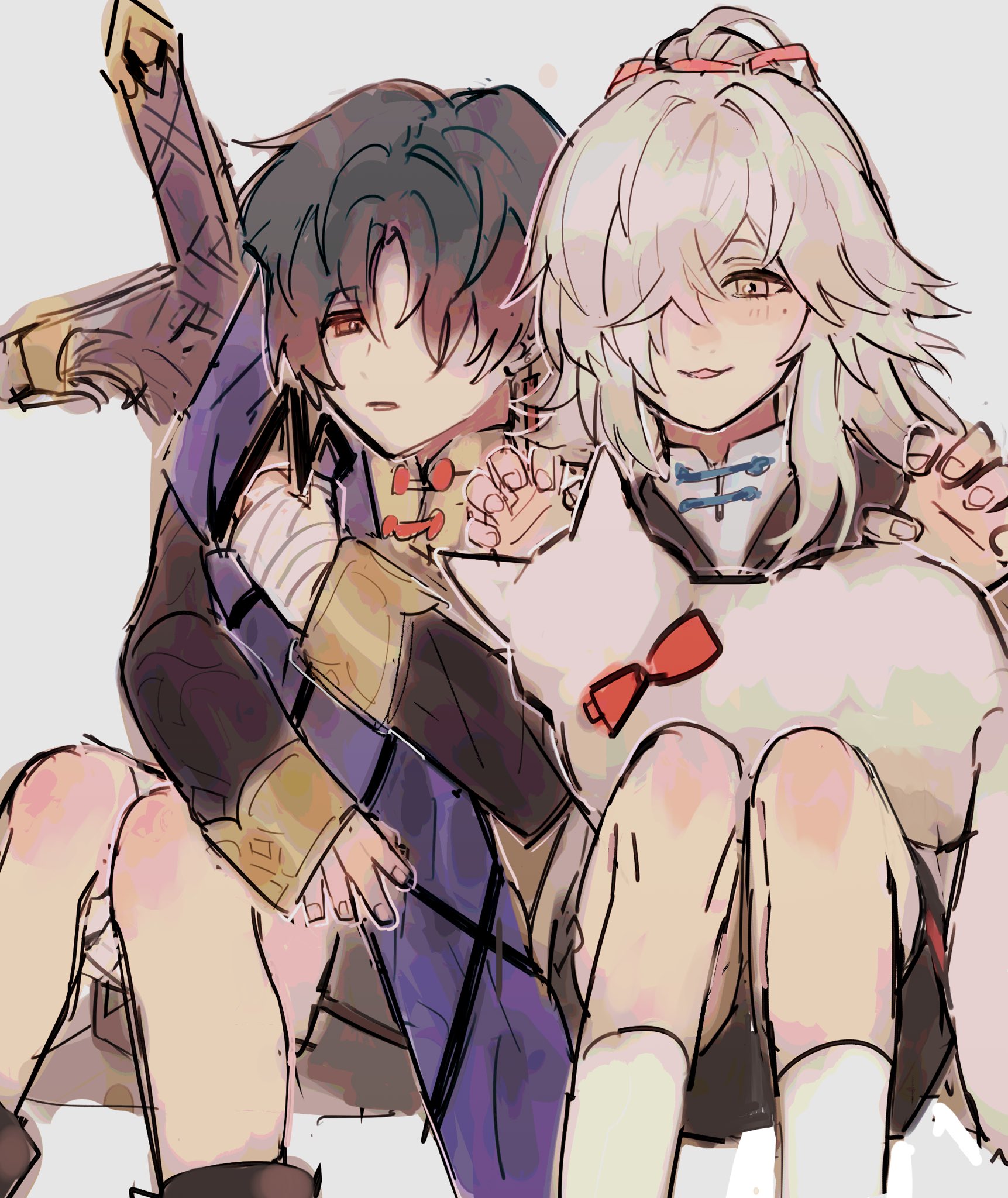 this is an anime style drawing of a couple. the girl has long white hair and the boy has black hair. she has her arm around the boy and he's holding a sword. they're both looking at the viewer.