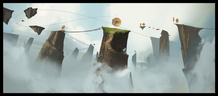 a digital painting of a surreal fantasy landscape featuring several tall, rocky islands floating in a sea of fog. the islands are connected by rope bridges and some have staircases carved into their sides. circular platforms with what appear to be clockwork mechanisms are mounted on some of the islands. jagged, floating rock formations are scattered around the scene, and the sky is a hazy blue.
