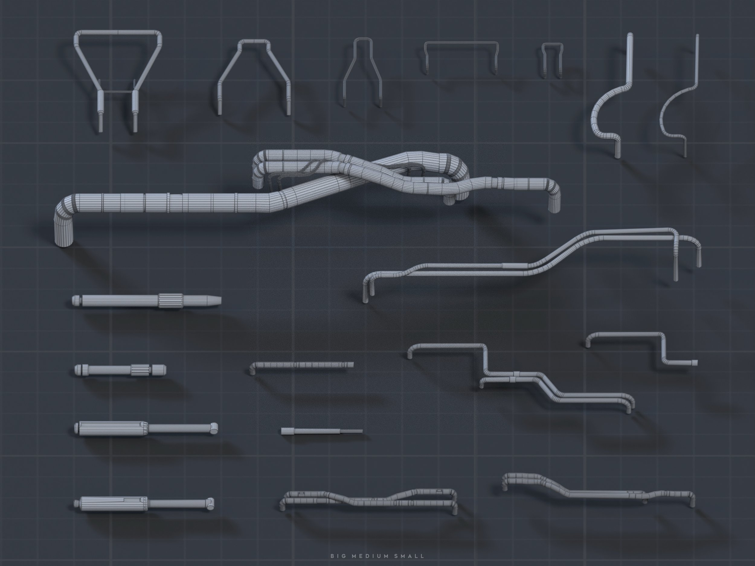 the image showcases a collection of 3d wireframe models of various pipe components, displayed against a dark grey grid background. the pipes range in size and configuration, categorized as "big," "medium," and "small" in the bottom right corner.  the wireframe style provides a clear view of the pipes' structure and connections, suggesting a technical drawing or design blueprint for industrial or engineering applications.  different pipe shapes and configurations are visible, showcasing a variety of potential connections and uses.
