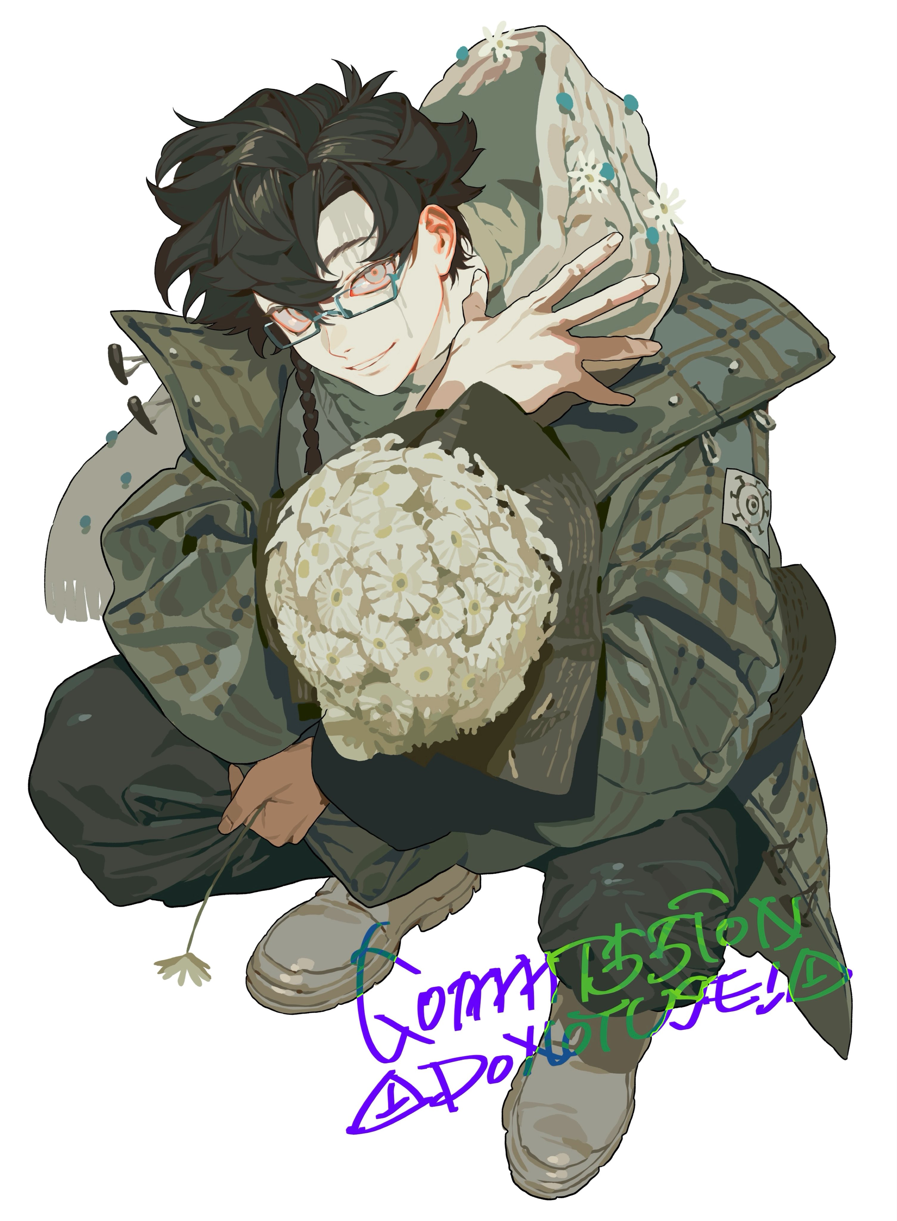 illustration of an animestyle man squatting and holding a bouquet of white daisylike flowers. he is wearing glasses and a green and grey patterned hooded jacket. he has dark, messy hair and braids, with a smiling expression. the bottom right corner of the image has colored writing.
