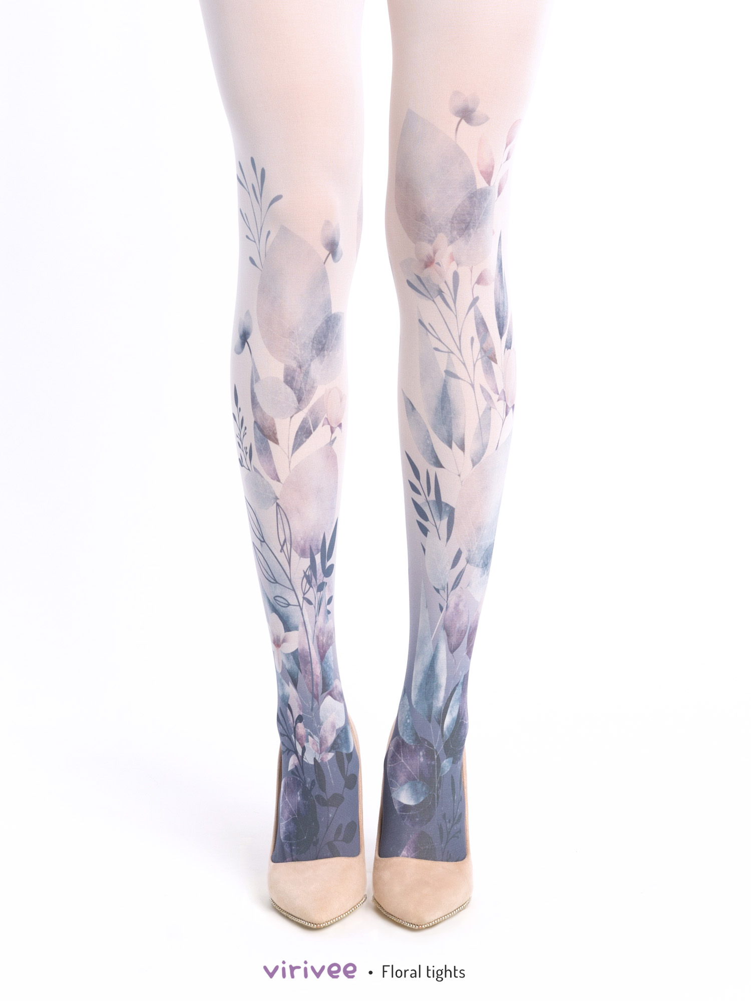 the image shows a pair of legs wearing white tights with a watercolor floral design in shades of blue, purple, and green. the tights are paired with nude heels and the background is white. the brand name "virivee" and the words "floral tights" are visible at the bottom of the image.