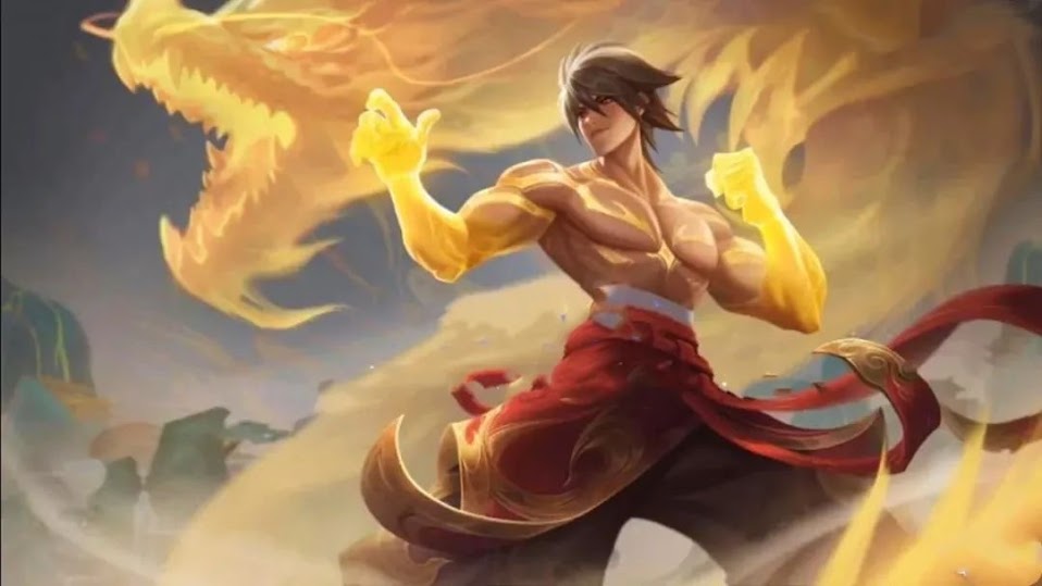 a male character from a video game is depicted standing in a fighting stance. he is wearing red pants and has a dragon on his arm and behind him. the dragon is glowing with yellow light, and the character is wearing gold bracelets on his arms. the character is staring intensely at something off to the side. he is ready to fight.