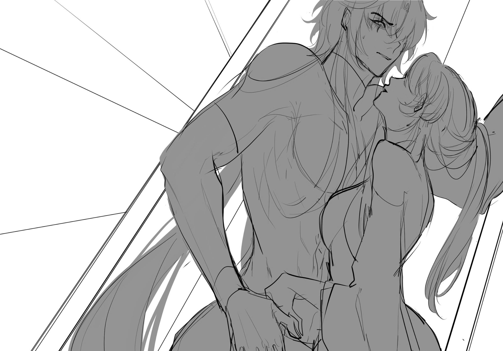 a black and white sketch of an anime couple embracing. the man is looking down at the woman, who is looking up at him. they are both smiling, and their poses are very intimate. the sketch is done in a very loose and expressive style.