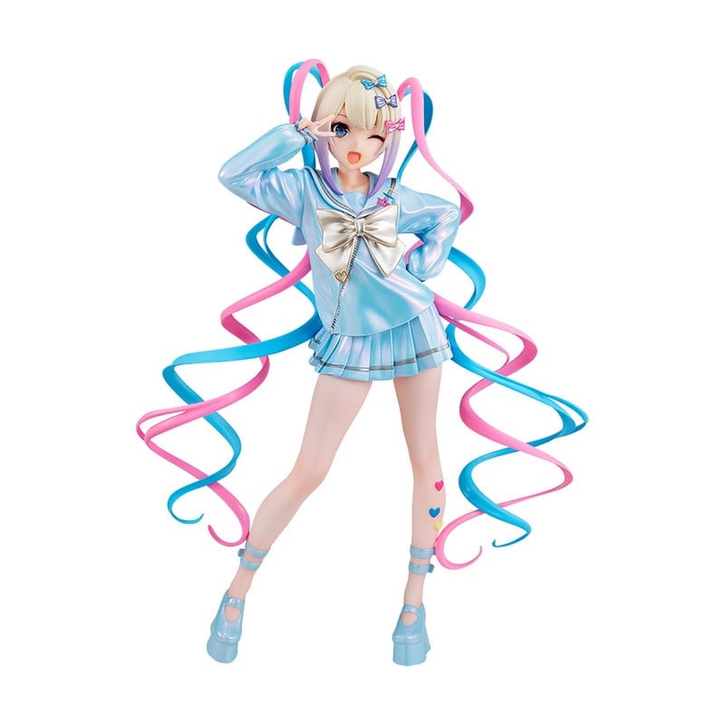 a figurine of a female anime character with long blue and pink hair and a blue and white sailor outfit. she is winking and smiling with her arms raised and is standing on a white background.