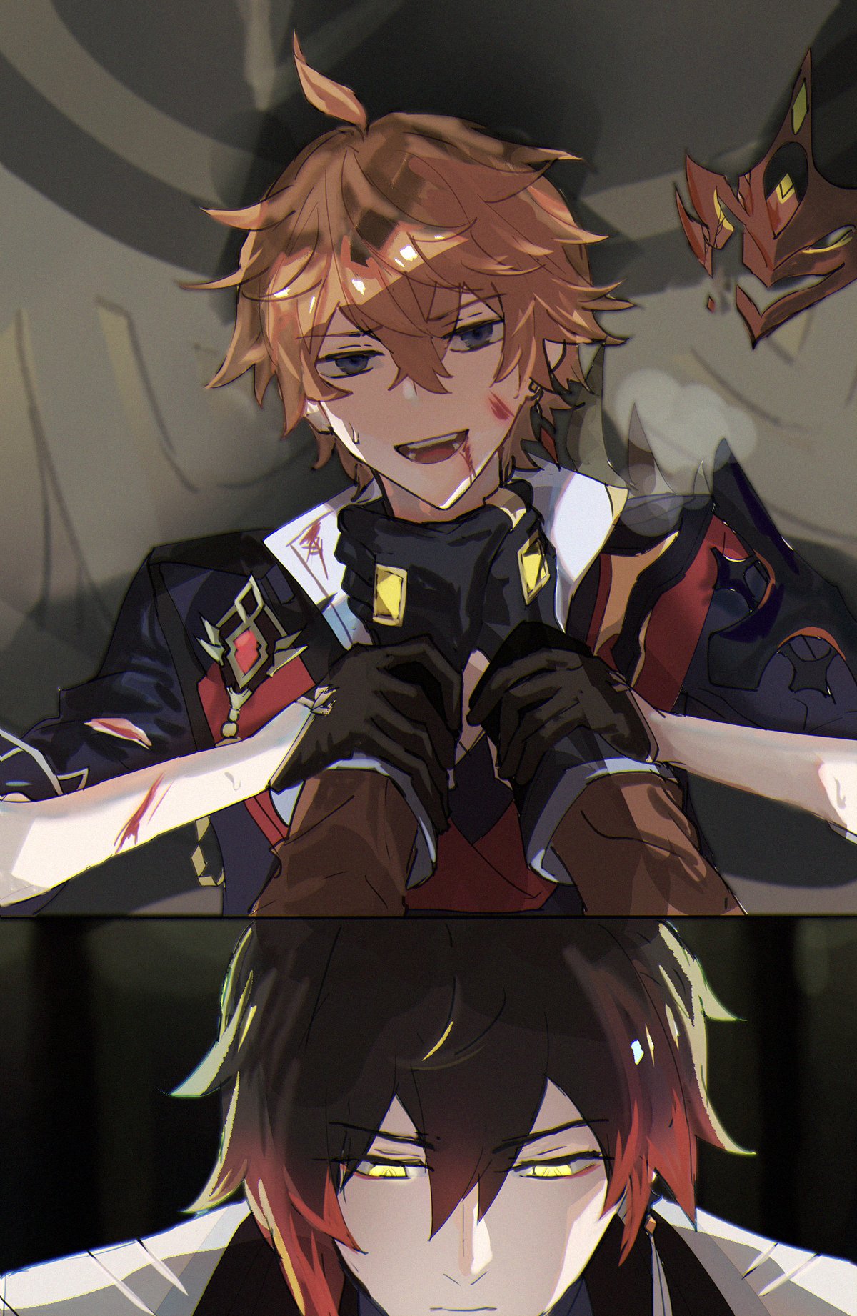 the image features two anime characters, both male. the top half of the image shows diluc, who has red eyes and blonde hair. he is smiling and appears to be holding hands with another character. the bottom half of the image shows kaeya, who has black hair and red eyes, he has a serious expression and appears to be looking down.