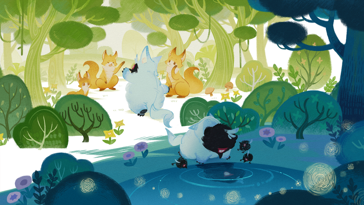 a whimsical and enchanting forest scene with magical creatures.  the forest is lush and green, with tall trees and colorful flowers.  in the middle of the scene is a clear pond, with a small blue and white creature sitting on a lily pad, and another creature with black fur peering at its reflection in the water. there are small, fluffy foxes, with colorful ears and tails, playing in the grass, and a larger, furry, blue creature with a white tail, looking down at them. the image is full of whimsical details, and creates a sense of magic and wonder.