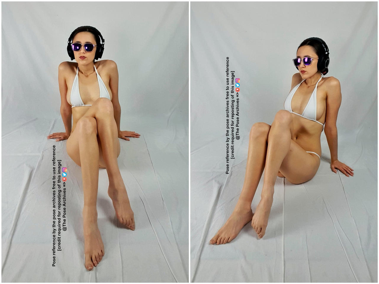a woman in a white bikini and sunglasses is posing for a photo shoot. she is sitting on the floor with her legs crossed and her arms at her sides. she is wearing headphones around her neck. the background is white. the image is a reference photo for artists.
