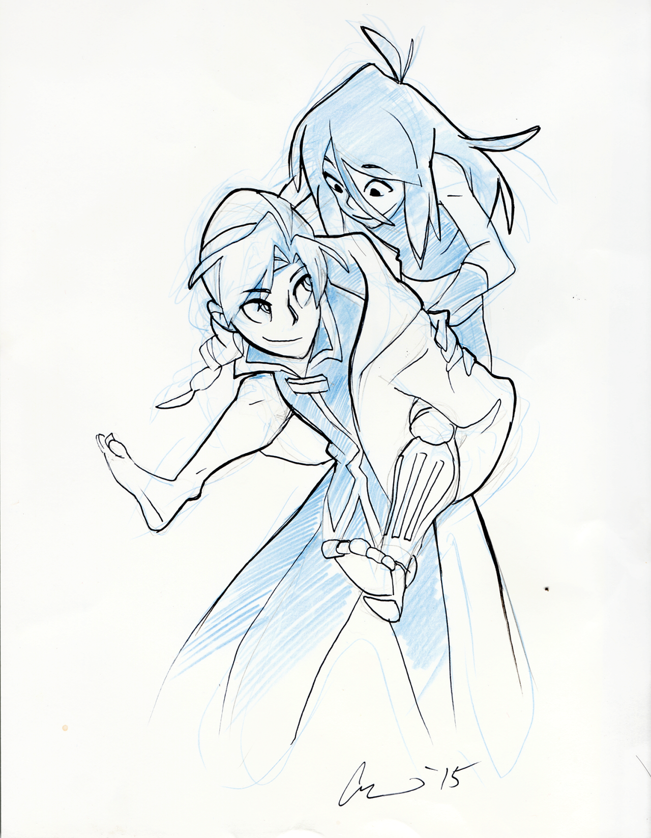 a black and white drawing of a young boy and girl drawn in a cartoon style. the girl is sitting on the boys back as they are both running. the boy is smiling and the girl is looking forward. it is a romantic illustration of a couple.