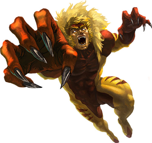 a closeup image of the superhero sabretooth, a mutant with animalistic features and sharp claws, in a feral and aggressive pose. he's baring his teeth and extending his claws, with a fierce expression on his face. his costume is a combination of yellow, red, and brown, highlighting his muscular physique. the image evokes a sense of power and danger.