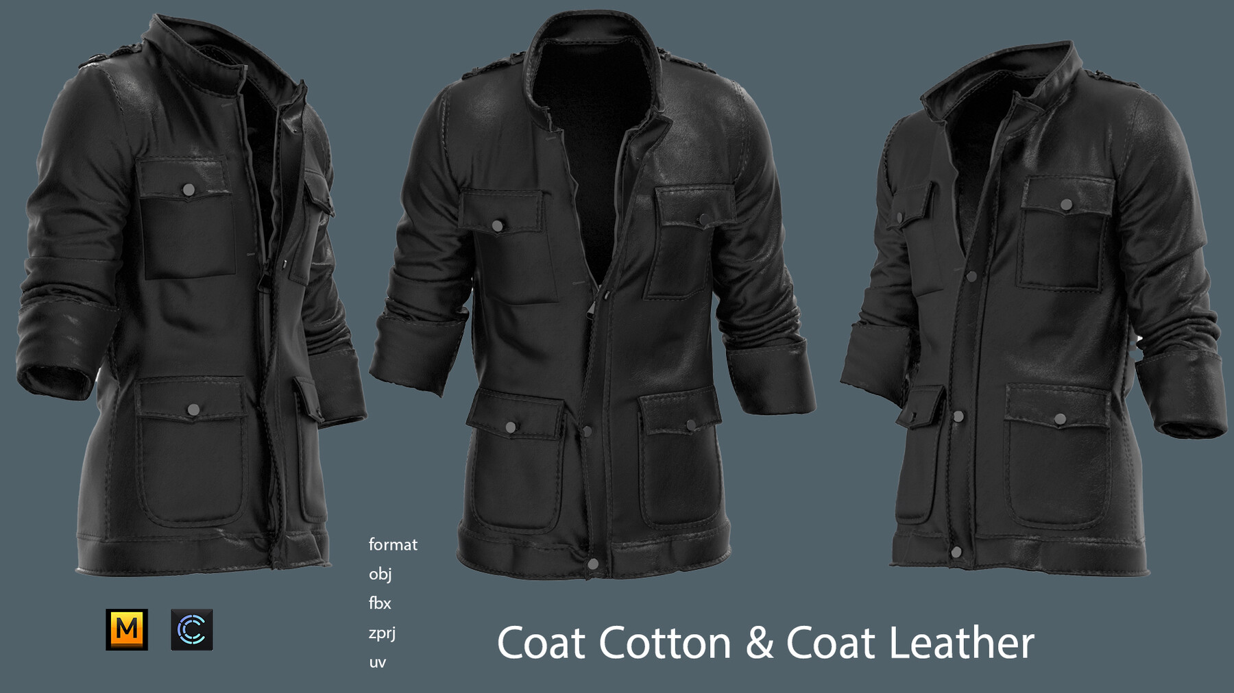 threequarter view of a black leather jacket in a 3d rendering, showcased from three different angles. the jacket features a zipper closure, two large flap pockets at the front, two smaller pockets at the chest, and a classic collar. the leather appears soft and textured, adding to the jacket's stylish appeal.  the background is a simple gray, allowing the jacket to stand out prominently.