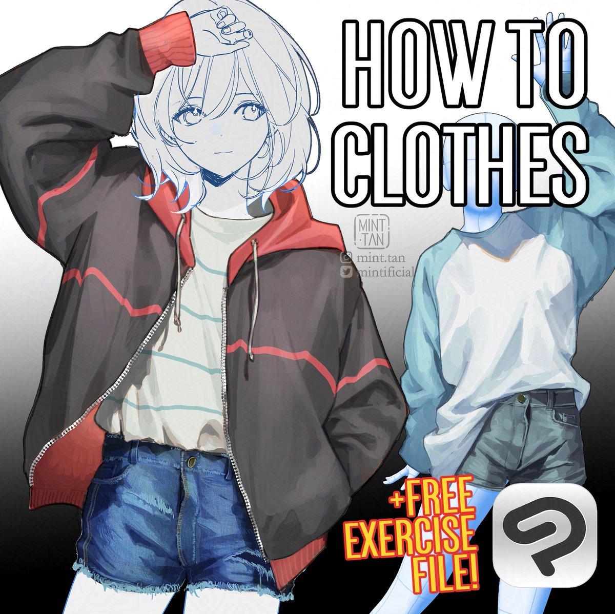 the image showcases a tutorial on how to draw clothes on an anime character. it features two anime girls, one with a detailed outline and the other with a simplified one. the girls are wearing casual outfits, including jackets, hoodies, shirts, jeans, and shorts. the image highlights different techniques for drawing clothing, such as folds, wrinkles, and textures. additionally, it includes the "adobe photoshop" logo, suggesting that the tutorial might use this software. the text "free exercise file" indicates that the tutorial comes with additional practice resources. overall, the image promotes learning how to draw anime clothes effectively.