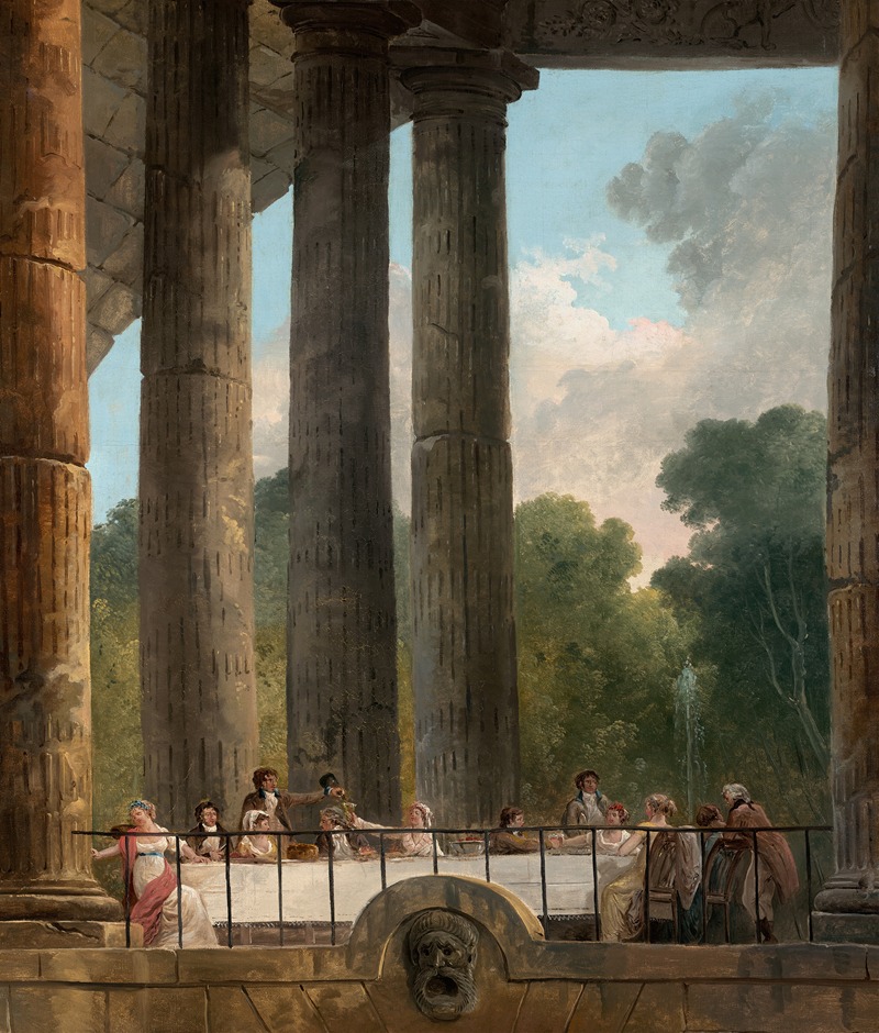 the painting depicts a feast taking place outdoors within the ruins of a classical architectural structure, possibly a temple or grand building. the scene is framed by large, fluted stone columns that suggest antiquity and decay. a long table is set for a group of people, who are dressed in classical attire. beyond the architectural elements, a garden setting is visible, complete with trees, a fountain, and a sky with clouds. the balustrade below the dining area features a decorative mask. the overall style is reminiscent of neoclassical art, with its emphasis on classical themes and restrained aesthetics.