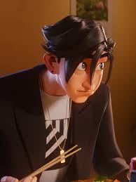 a closeup shot of a young animated man with short black hair styled with a quiff. he is wearing a black blazer over a white shirt with a graphic design. the graphic design is partially obscured, but appears to be black lines on a white background. he is also wearing a gold chain. he is holding a pair of chopsticks in his right hand and is looking intently at something in front of him. the background is out of focus, but appears to be a room with warm lighting. the overall color palette of the image is warm and inviting.